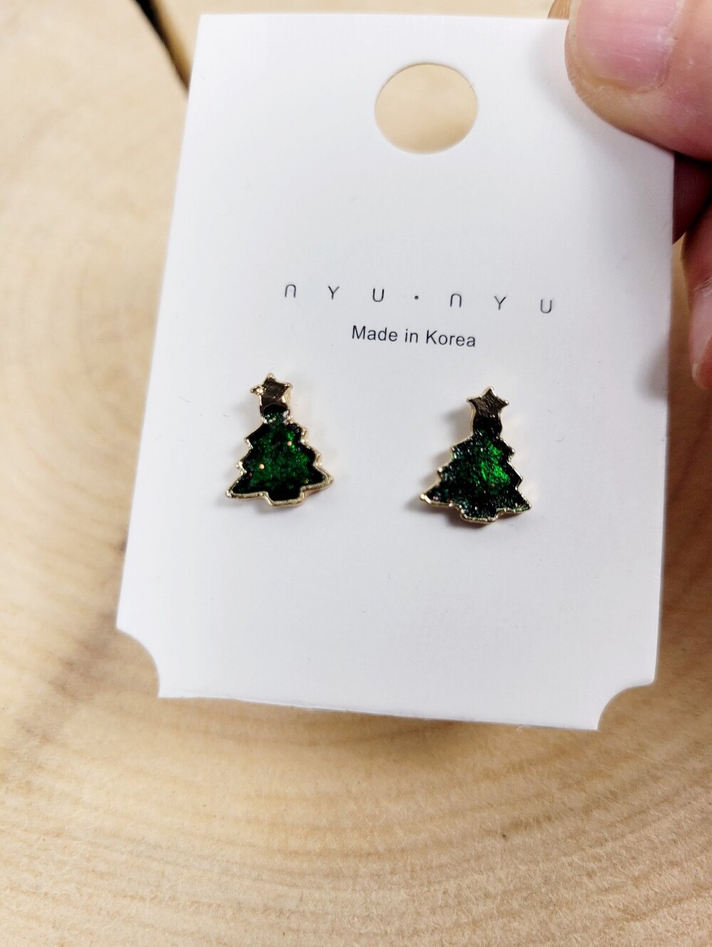 Brand New Gold Tone Green Christmas Tree Stud Earrings